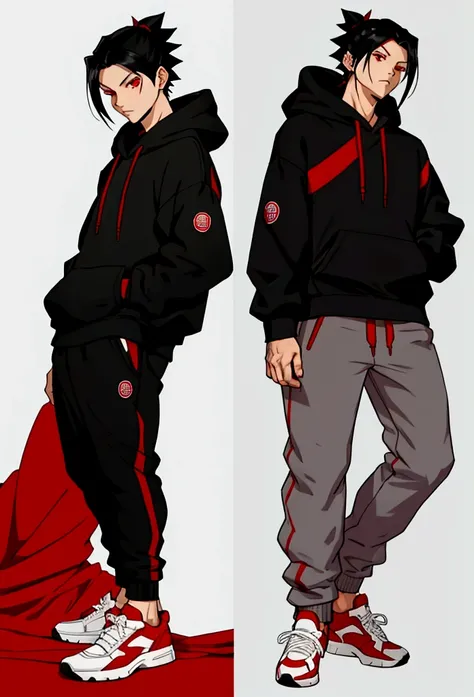 male character full body  red eyes black hair hoodie sweatshirt gray pants red sneakers perspective drawing narutal pose