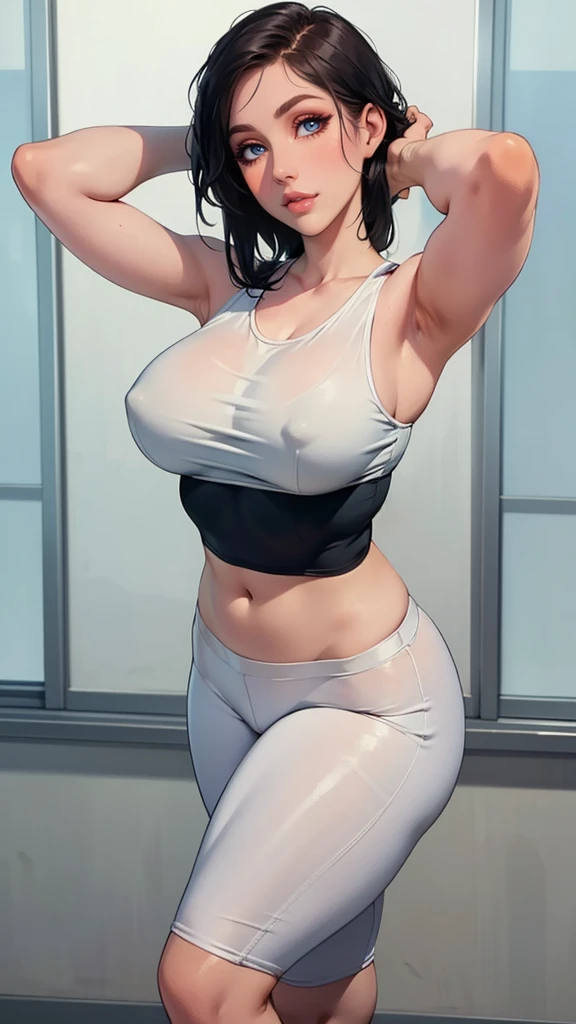 ((masterpiece)),(((best quality))), ((vulgar)), thick thighs, 1girl, black hair, curvy, wearing tank top, yoga pants, SFW, simple background, posing sexy