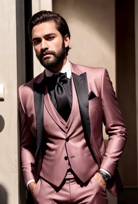 Make a handsome man in his 30s in black suit and tie, CEO, brown hair and beard, (Man in pink suit and tie), ), (Use beard,) Attractive and serious appearance, short dark hair, Elegant and stylish, Close shave to the suit and strong body, (high quality, tr...