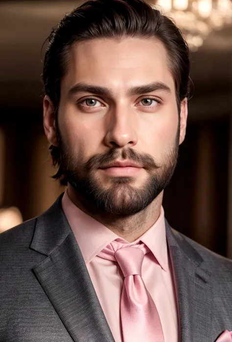 Make a handsome man in his 30s in black suit and tie, CEO, brown hair and beard, (Man in pink suit and tie), ), (Use beard,) Attractive and serious appearance, short dark hair, Elegant and stylish, Close shave to the suit and strong body, (high quality, tr...