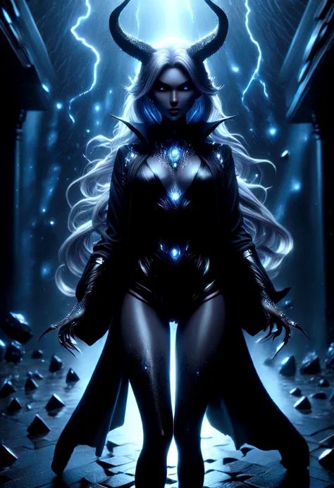 super sexy powerful sorceress creating an earthquake with magic, beautiful image, highly detailed, dark robes, stockings, boots,...