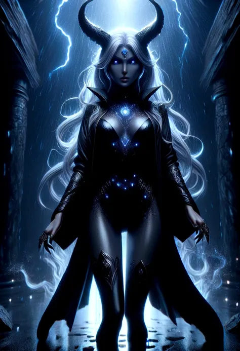 super sexy powerful sorceress creating an earthquake with magic, beautiful image, highly detailed, dark robes, stockings, boots,...