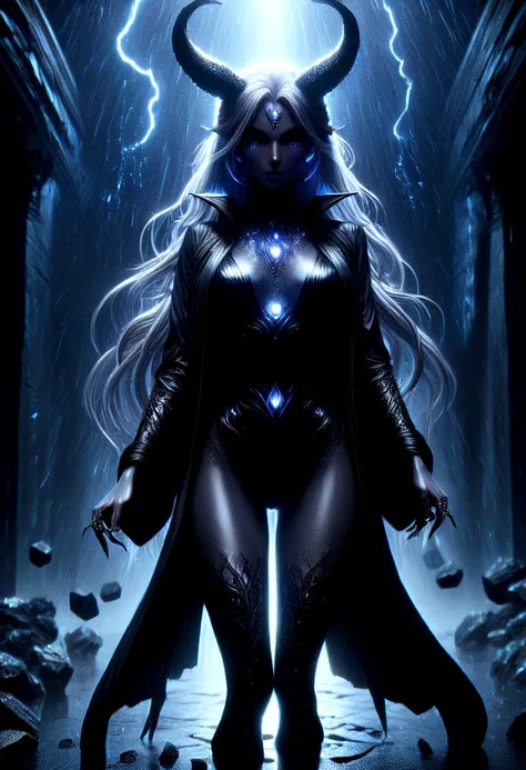 super sexy powerful sorceress creating an earthquake with magic, beautiful image, highly detailed, dark robes, stockings, boots,...