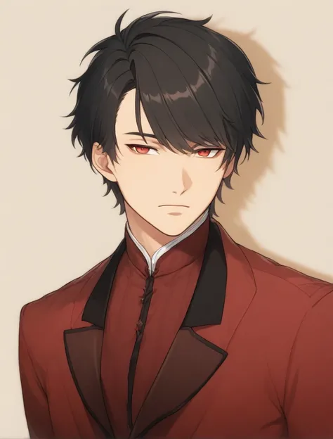 (Black_Hair), (red_ruby_eyes), (Handsome), (attractive), (male), (detailed_eyes), (detailed_hair), (clean_hair),  (vertical_pupils), (jawline), (wears_old_fashioned_outfit), (in_his_late_teens), (short_hair)