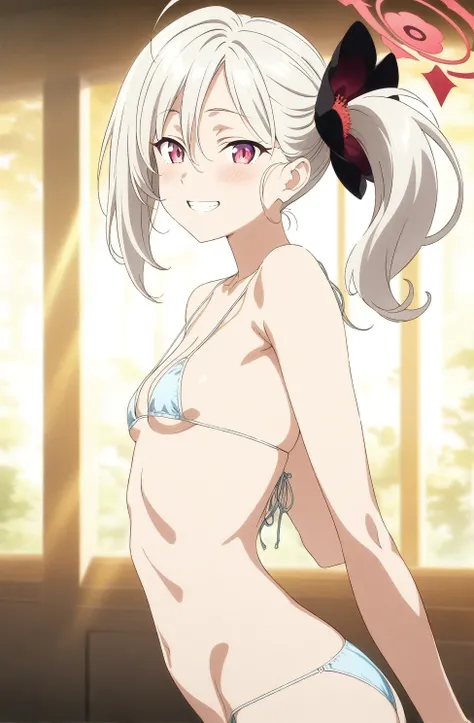 best quality, amazing quality, very aesthetic, absurdres, (1girl, mutsuki, blue archive, solo, red eyes, white hair, side ponytail), (realistic face:0.9),(string bikini:1.8),dress lift, (grin, blush, thigh:1.3), (cowboy shot), (glowing eyes), (half closed ...