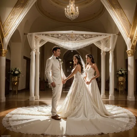 (ultra detailed, Best quality, A high resolution), whole body, dynamic angle,Smooth and dynamic,Cinematic,woman and man stand in the middle of a beautiful wedding venue, (masterpiece:1.4), elaborate wedding dress, woman in long white dress with lace detail...