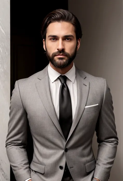 Make a handsome man in his 30s in black suit and tie, CEO, brown hair and beard, (Man in grey suit and tie), ), (Use beard,) Attractive and serious appearance, short dark hair, Elegant and stylish, Close shave to the suit and strong body, (high quality, tr...