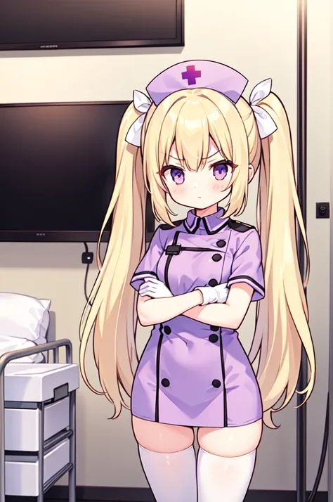 1girl, solo, nurse, nurse cap, white nurse uniform, ((white legwear, zettai ryouiki)), white gloves, twintails, yellow hair, purple eyes, angry, crossed arms, standing, ((hospital room)), sharp outline, short sleeves, best quality, masterpiece