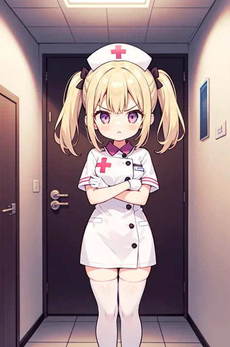 1girl, solo, nurse, nurse cap, white nurse uniform, ((white legwear, zettai ryouiki)), white gloves, twintails, yellow hair, purple eyes, angry, crossed arms, standing, ((hospital room)), sharp outline, short sleeves, best quality, masterpiece