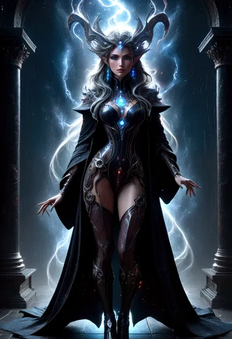 super sexy powerful sorceress creating an earthquake with magic, beautiful image, highly detailed, dark robes, stockings, boots,...