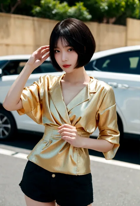 you are a professional photographer。 , short hair blown by the wind. she has a faint smile , street fashion、bold valley、hot pant...