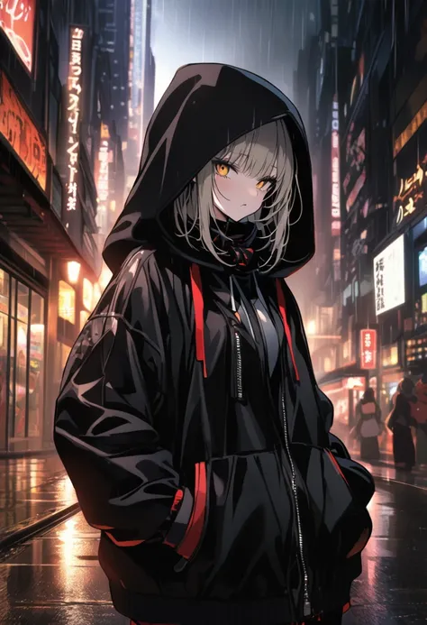 Himiko Toga、Wearing a black hood、Rainy dark night city、