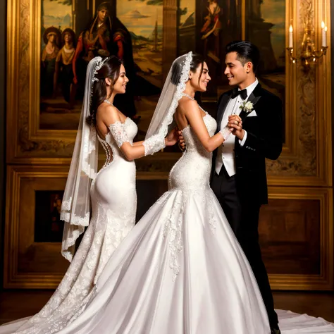 (ultra detailed, Best quality, A high resolution), whole body, dynamic angle,Smooth and dynamic,Cinematic,woman and man stand in the middle of a beautiful wedding venue, (masterpiece:1.4), elaborate wedding dress, woman in long white dress with lace detail...