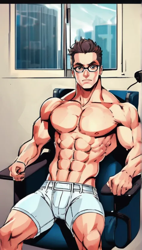 It generates a very handsome young boy, with almost perfect features, with round glasses, a muscular body, tattooed in some parts of his body, very sweaty all over his body, he has hair on his body, he is sitting in a gaming chair, opening his legs a littl...