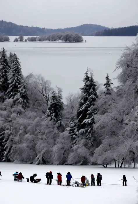 Lakeside after snow，Many people fishing together wearing hats，Its cold