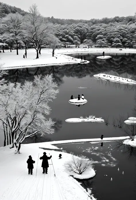 Black and White的中国水墨画，Black and White，Lakeside after snow，Many people fishing together wearing hats，Its cold