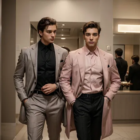 Two 24- year-old men , with a masculine appearance, wearing a dust pink coat and black pant of suit. The scene depicts a masterpiece of art, showcasing the men professional and wealthy lifestyle. The image is of the best quality, with ultra-detailed featur...