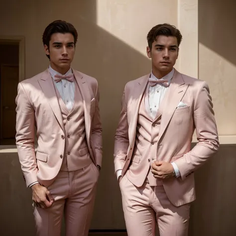 Two 24- year-old men , with a masculine appearance, wearing a dust pink suit. The scene depicts a masterpiece of art, showcasing the men professional and wealthy lifestyle. The image is of the best quality, with ultra-detailed features. Daylight , The colo...