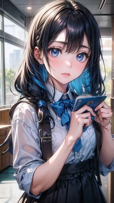 (Be clear about the content) [(masterpiece: 1.1, best quality: 1.1), Shy schoolgirl wearing show off, emphasize, , purely, Slightly 0.8.Blue Hair, wet,