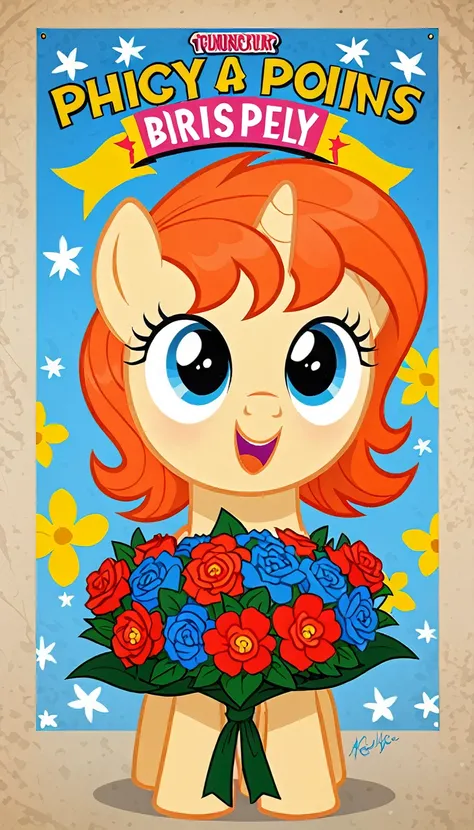 a poster, a pacifist poster, a peace-loving poster, on it a little pony filly holding a bouquet of flowers,