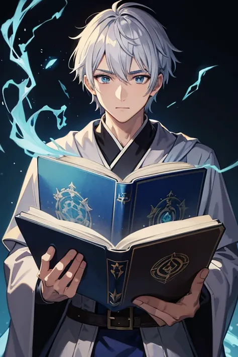 masterpiece, Highest quality, High resolution，Anime Style、Anatomically correct、Silver Hair、Short Hair、male、Wizard、Robe、magic、Blue flames fly around、Hold the spellbook in one hand、With an ancient castle in the background、Upper body only