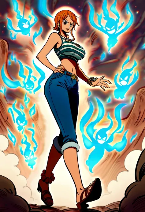 nami from one piece with fiery orange hair, intense brown eyes, and a fierce expression. she's surrounded by a swirling blue ene...