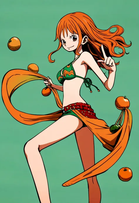 a digital illustration of nami from one piece with long, flowing orange hair, wearing a stylish outfit bikini, with a determined...