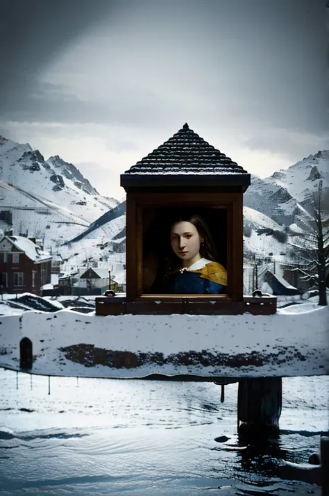 **visions beyond time**: merge the timeless elegance of johannes vermeer's portraits with the surreal landscapes of hieronymus b...