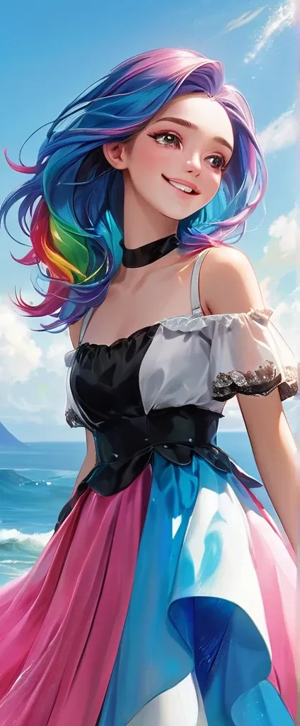 a stunning portrait of a 17-year-old girl with rainbow-coloured hair, a mix of blue and pink, under a brilliant sky on a sunny s...