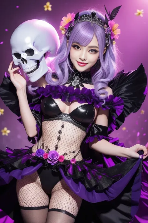 sexy woman who controls poison、beautiful smile、lip-gloss、long lashes、smokey eye-makeup、full body Esbian、、sparkling poisoned flower costume、、、、sparkling Colorful hair、secrete poison、skull hair accessories、fishnet tights、flowers background