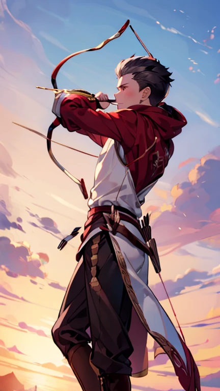 young beautiful boy , (archer;1.3), (archery:1.4), training, super power, high quality, black hair, tall, mussels , middle europ...