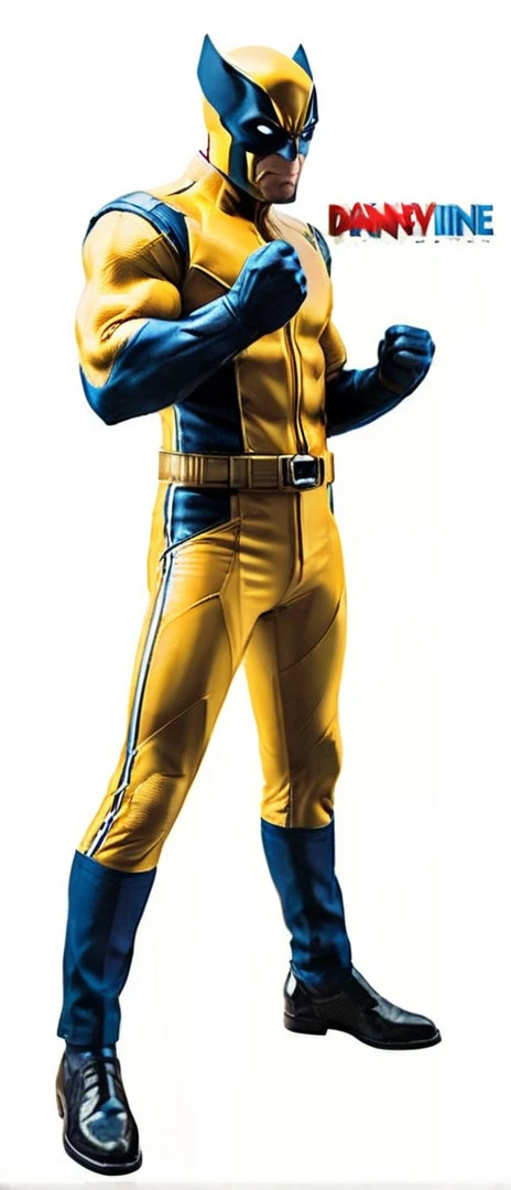 wolverine in a yellow and blue suit with a black mask, yellow X-Man Suit, X-Man Suit, X-Man Suit, Wolverines Action Pose, X-Force full body suit, cyclops, Taron Edgerton as Wolverine, Karl Urban - Wolverine, Marvel character, Danny Devito as Wolverine, Bor...