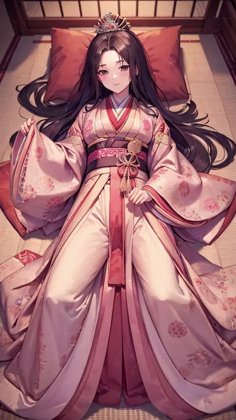 a beautiful 15-year-old japanese princess from the sengoku period with long black hair　gorgeous embroidery, ultra glossy, she is...