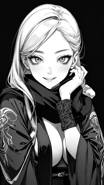 Highest quality, (Background details), High Contrast, Very beautiful woman, Detailed original illustrations, functional, Delicate face, Ninja, Ninja costume, scarf, mask, Charm, Bad boy, sexy, Real breasts, Crazy Smile, Crazy Eyes, Black Robe, Black backgr...