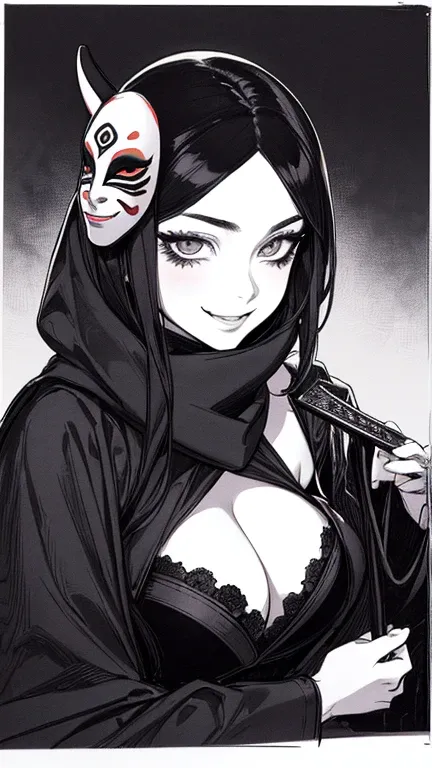 Highest quality, (Background details), High Contrast, Very beautiful woman, Detailed original illustrations, functional, Delicate face, Ninja, Ninja costume, scarf, mask, Charm, Bad boy, sexy, Real breasts, Crazy Smile, Crazy Eyes, Black Robe, Black backgr...