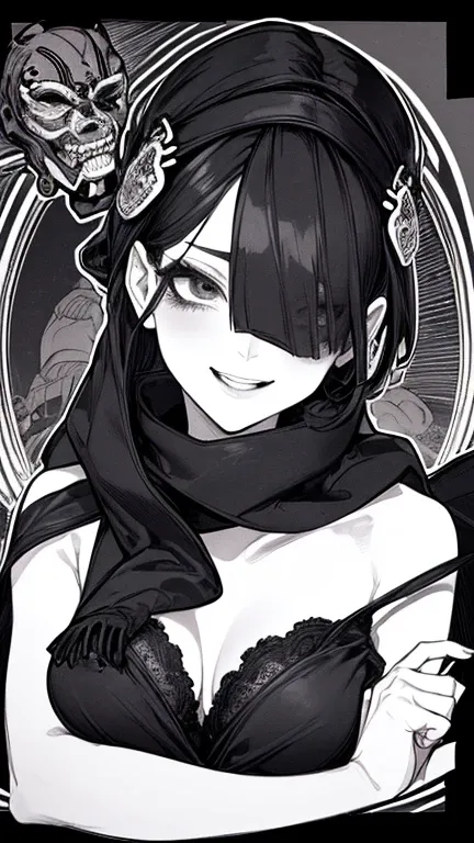 Highest quality, (Background details), High Contrast, Very beautiful woman, Detailed original illustrations, functional, Delicate face, Ninja, Ninja costume, scarf, mask, Charm, Bad boy, sexy, Real breasts, Crazy Smile, Crazy Eyes, Black Robe, Black backgr...