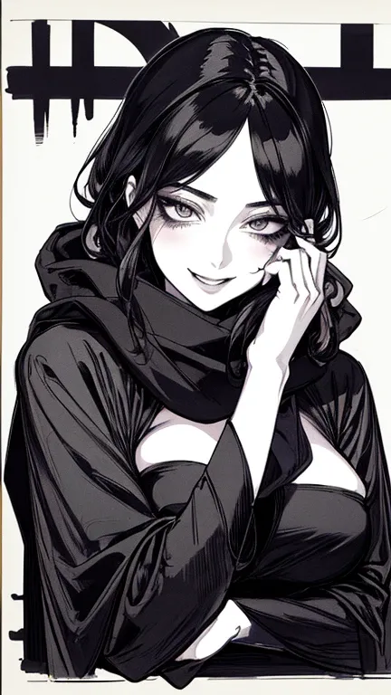 Highest quality, (Background details), High Contrast, Very beautiful woman, Detailed original illustrations, functional, Delicate face, Ninja, Ninja costume, scarf, mask, Charm, Bad boy, sexy, Real breasts, Crazy Smile, Crazy Eyes, Black Robe, Black backgr...