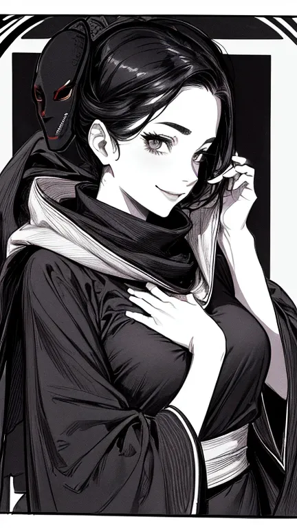 Highest quality, (Background details), High Contrast, Very beautiful woman, Detailed original illustrations, functional, Delicate face, Ninja, Ninja costume, scarf, mask, whole body、Charm, Bad boy, sexy, Real breasts, Crazy Smile, Crazy Eyes, Black Robe, B...