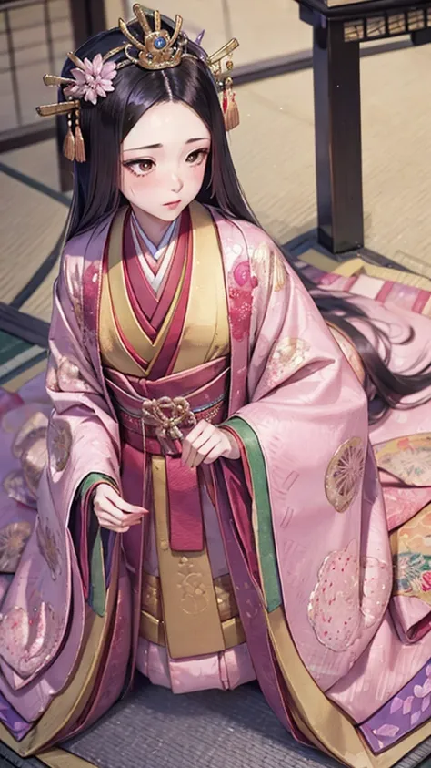 　A beautiful 15-year-old Japanese princess from the Sengoku period with long black hair　Gorgeous embroidery, Ultra glossy, She is wearing a shiny Edo-period princess kimono.　Shes having sex　