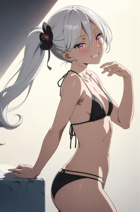 best quality, amazing quality, very aesthetic, absurdres, (1girl, mutsuki, blue archive, solo, red eyes, white hair, side ponytail), (realistic face:0.9),(string bikini:1.8),dress lift, (grin, blush, thigh:1.3), (cowboy shot), (glowing eyes), (half closed ...