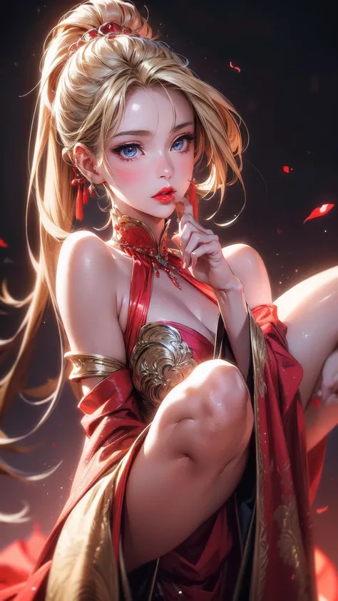 无与伦比的masterpiece, Ultra-realistic 8K CG, Perfect work of art, ((Perfect female image)), Mature woman, Slim waist, Tempting, Clean, Pretty Face, {Very pretty beautiful girl} , 8k wallpaper, {{{masterpiece}} }, 1 Girl, Blonde hair, blue eyes, Ponytail, , Jew...