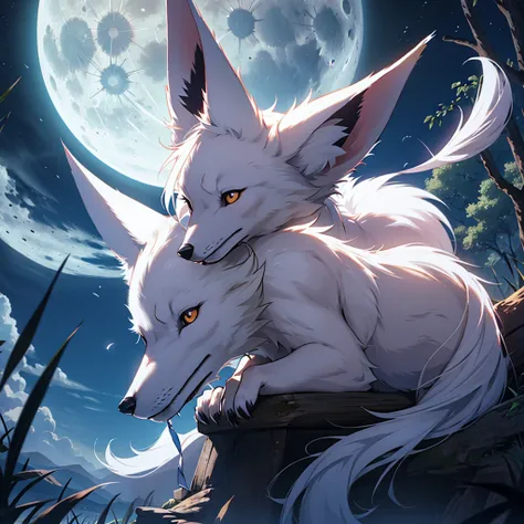 Moonlit night, A white fox with nine tails runs