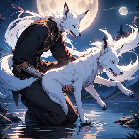 Moonlit night, A white fox with nine tails runs