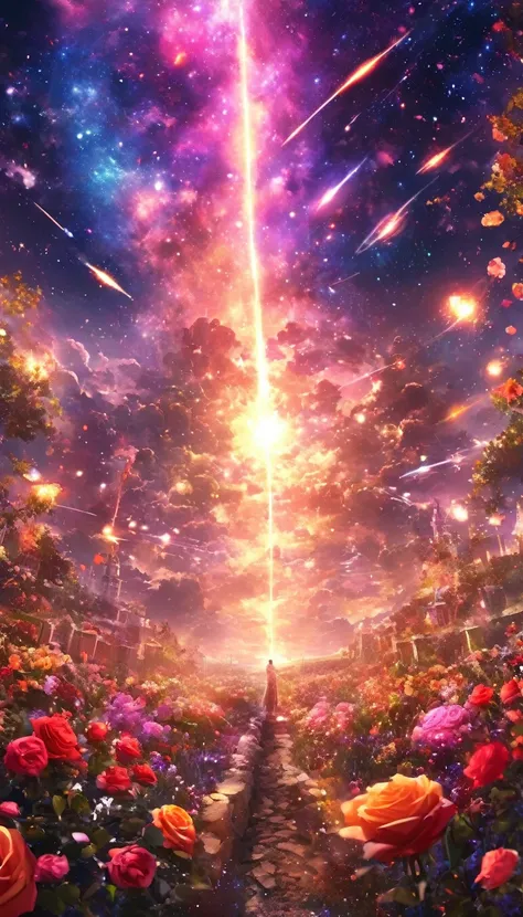 masterpiece, concept art, panorama, in the center, figure, wide shot, flower garden, night, (Meteors), Space galaxy background, (magnificent composition, epic proportions), dynamic lighting, Bright colors, roses,landscape