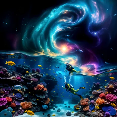 A huge luminescent barrier reef with glowing fishes and jellyfishes. floating bioluminescent orbs that drift lazily through the water, casting a soft glow.(( A woman goes scuba diving , wearing a detailed whimsical outfit . The bodice has fish scale patter...