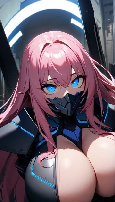 1girl,solo,pink hair color,long hair,light blue eyes,gigantic huge breasts,Wearing black sci-fi armor,Armor adheres closely to body lines,Cyber face mask covering mouth,expressionless,icy stare,cold expression,Ruthless,disgusted eyes,close mouth,looking at...