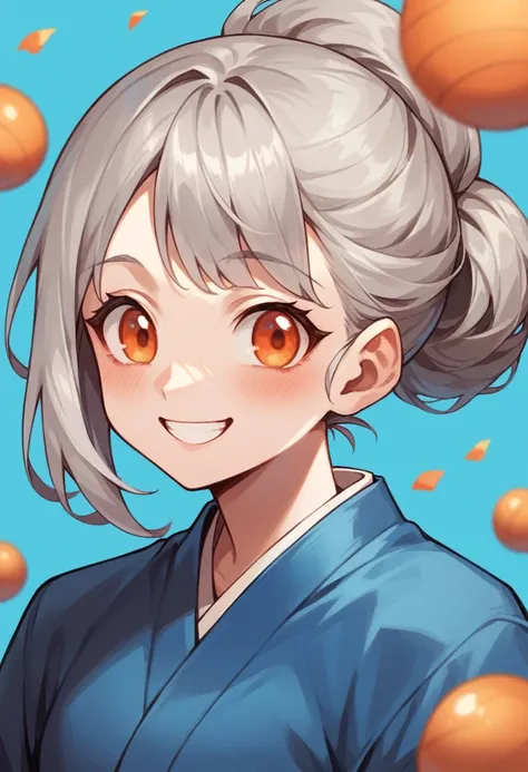 masterpiece, Highest quality, 1 Girl, Gray Hair, Orange eyes, Blue kimono, Upper Body, Really happy, smile, Smiling Eyes, Blue background, Shine, blush 