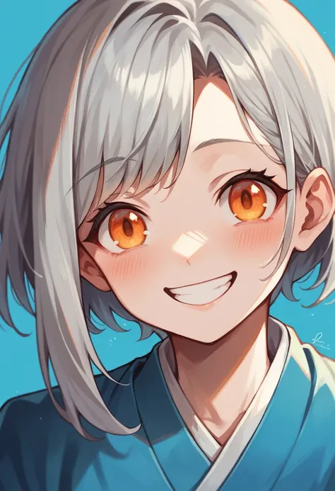 masterpiece, Highest quality, 1 Girl, Gray Hair, Orange eyes, Blue kimono, Upper Body, Really happy, smile, Smiling Eyes, Blue background, Shine, blush 