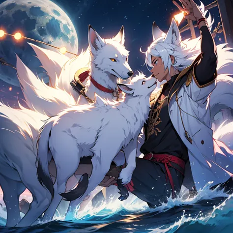 Moonlit night, A white fox with nine tails runs