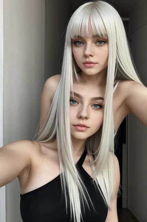 Girl with white skin, sleepy green eyes, marked jaw, thin lips, long white hair with bangs, strong features, curvy body, wearing black clothes, taking a selfie.